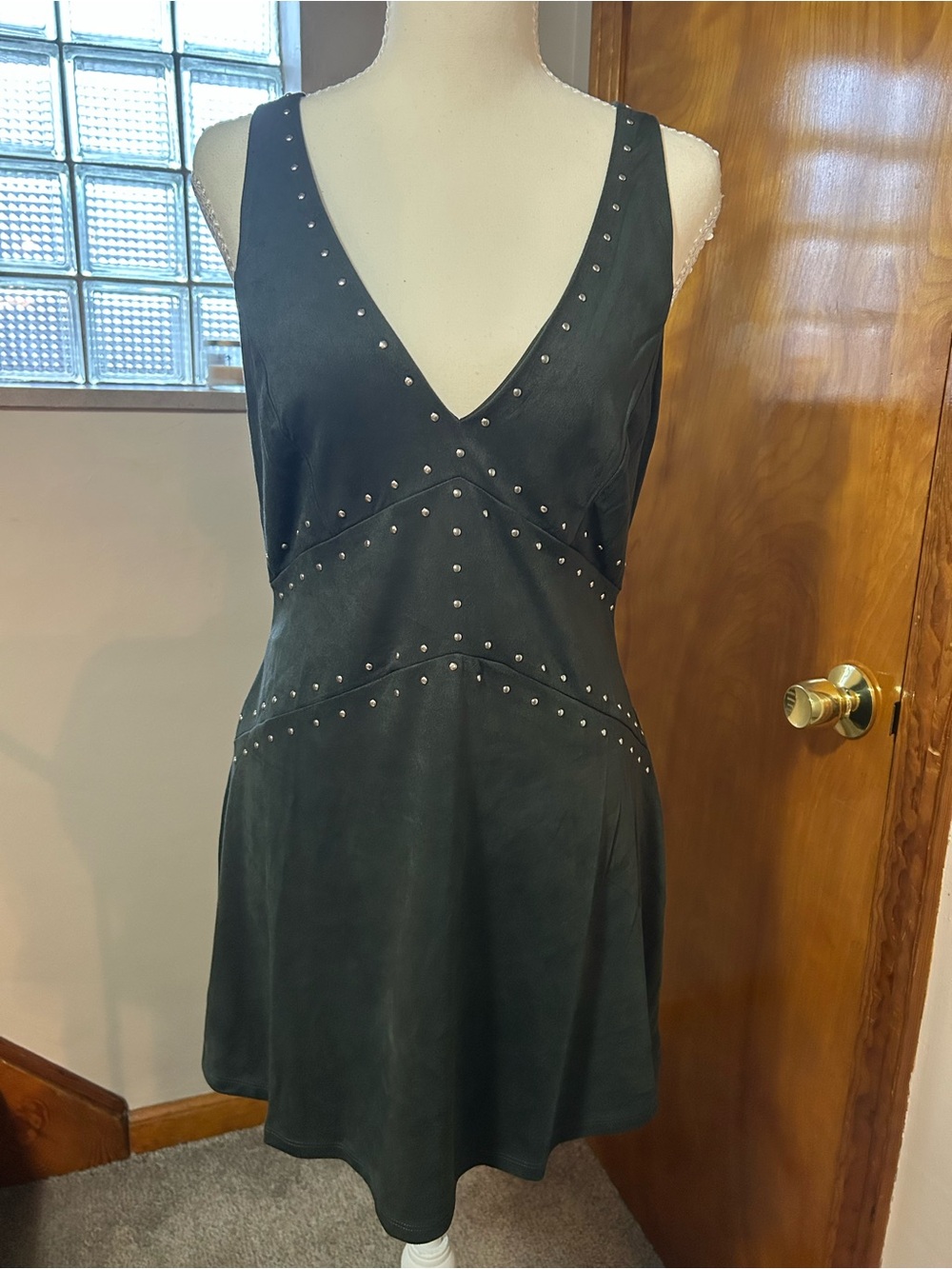 Western suede-feel mini dress dark gray crisscross straps Medium/Large